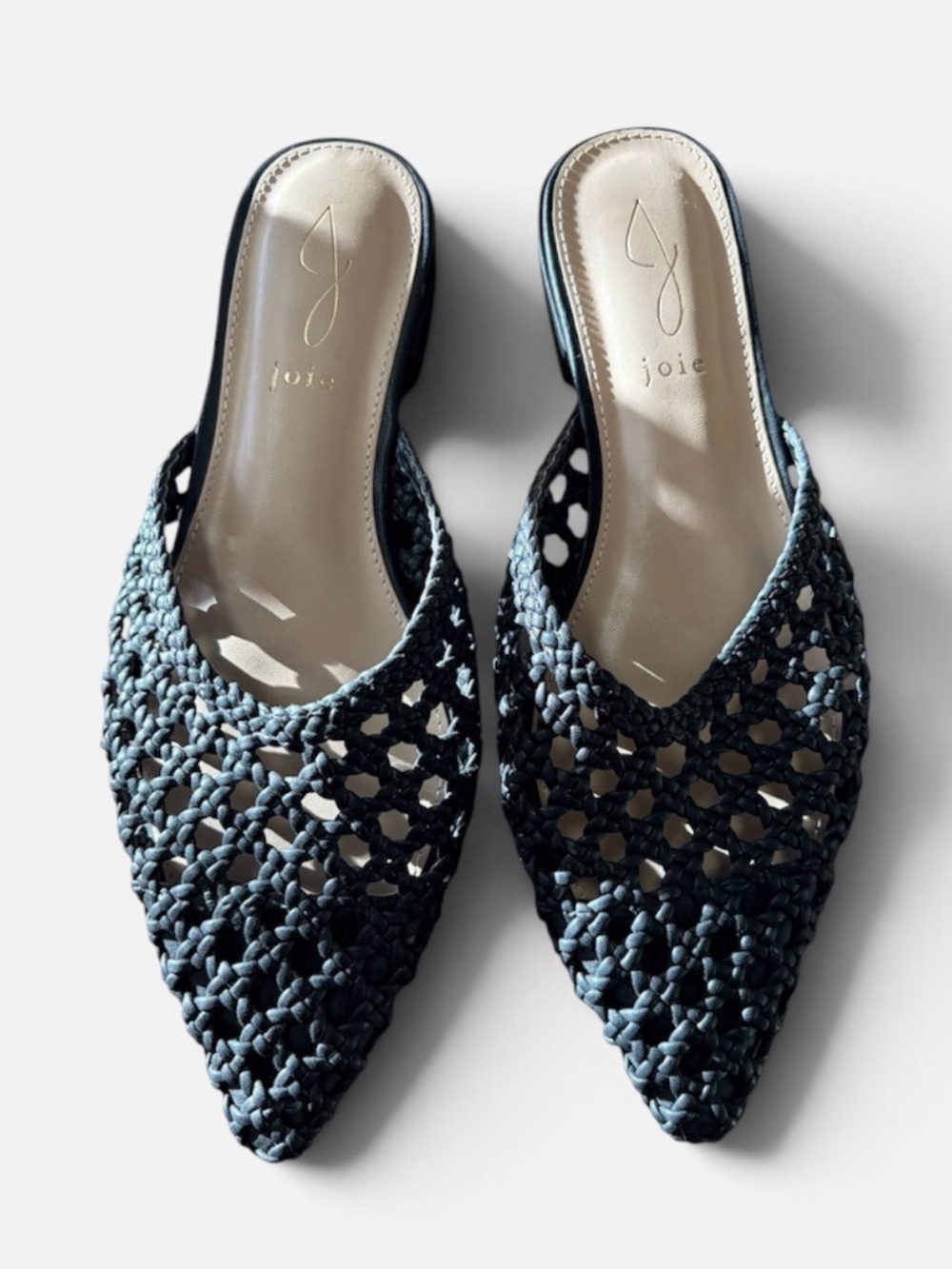 Joie Black Woven Pointed-Toe Mule Flats